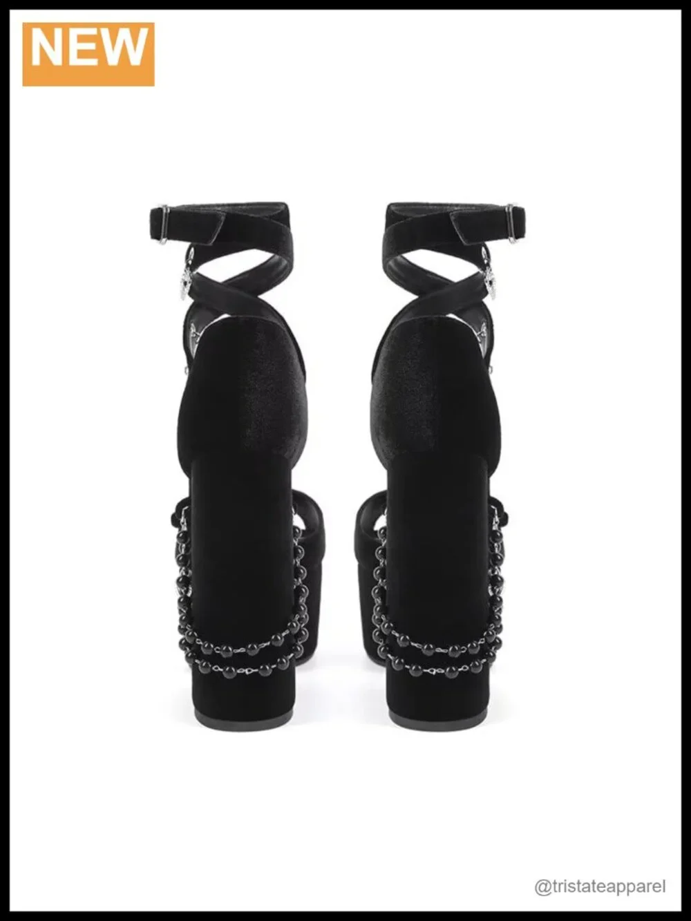 Velvet Platform Heeled Sandals with Rhinestone Cross Heart Bead Chain Ankle
